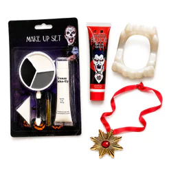 Kit Maquiagem Artística Vampiro Halloween com Sangue Falso, Dentadura e Medalhão