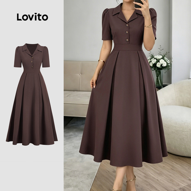 Lovito Vestido Elegante com Botões Frontais Plissados Na Cor Marrom para Mulheres primavera/verão LBL37005