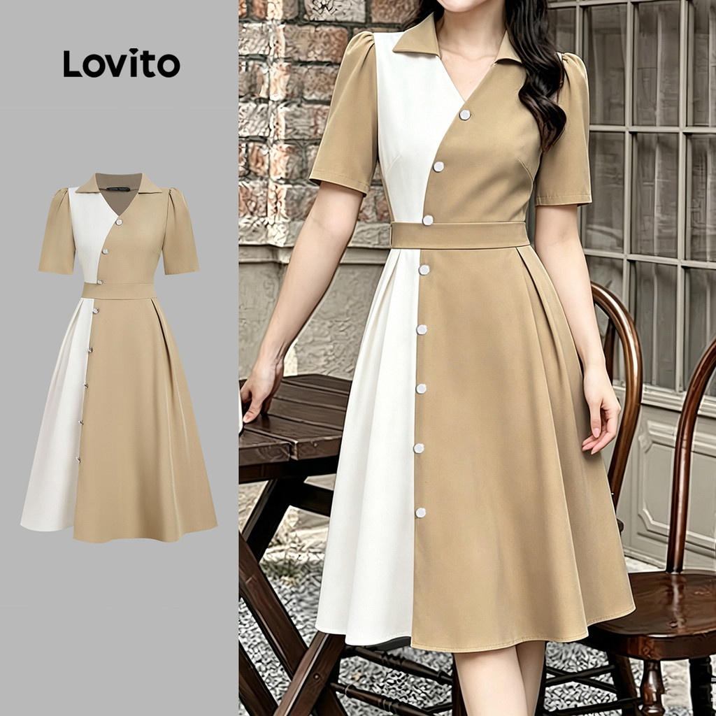 Lovito Vestido Social Elegante De Verão/Primavera Vestido Cáqui Com Blocos De Cor E Costura DRB199P2D175