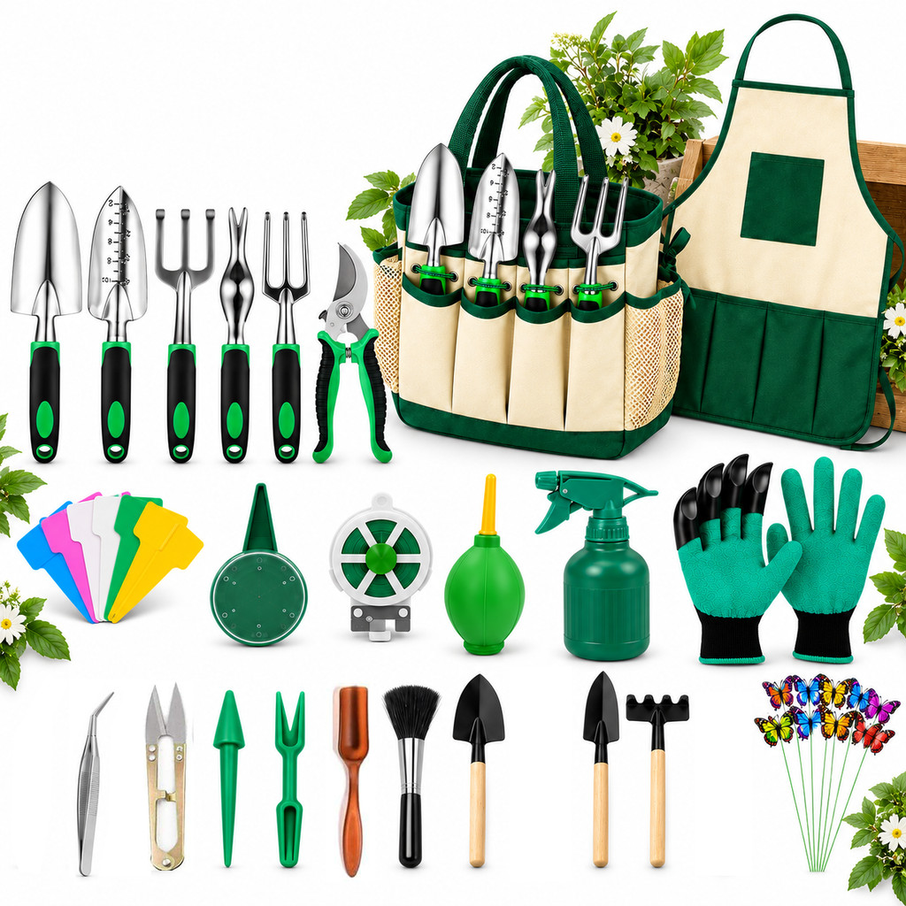 Kit Jardim 42 Peças Aço Ferramentas Jardinagem Avental Bolsa Luvas Pulverizador Etiquetas Borboletas Presente Iniciantes