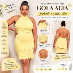Vestido Feminino Gola Alta Babado Costas Nua Verão Elegante