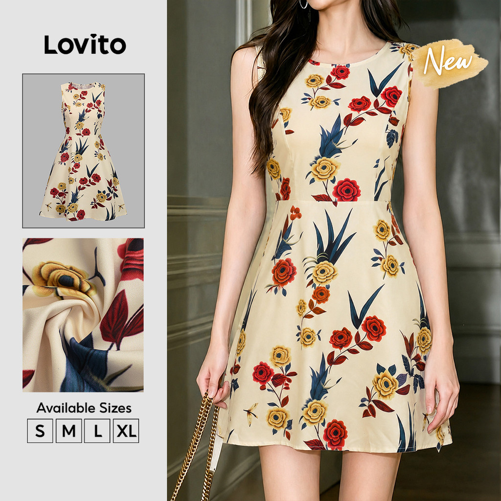 (New Arrival) Lovito Vestido Casual Feminino Aline Curto Com Zíper Padrão Floral Primavera/Verão Férias E Fim De Semana DRK9BR214