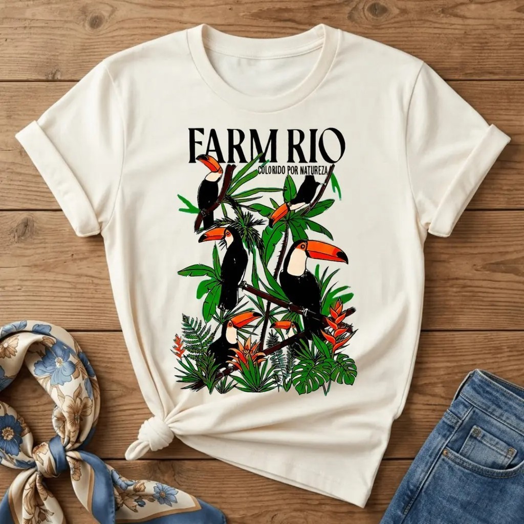 Camiseta Feminina Farm Vintage Rio 100% Algodão Estampa Tropical Tucanos Colorido Por Natureza