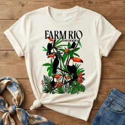Camiseta Feminina Farm Vintage Rio 100% Algodão Estampa Tropical Tucanos Colorido Por Natureza