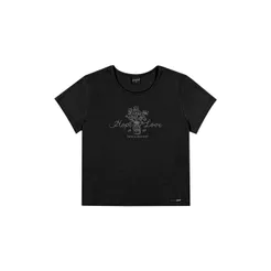 Blusa Juvenil Menina Floral Manga Curta Beats Preto