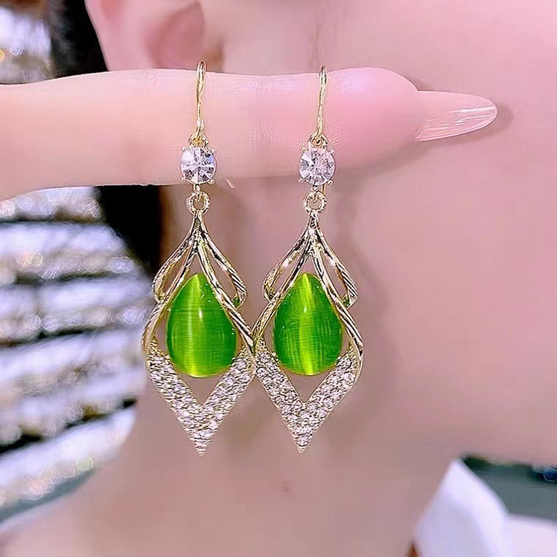 Brincos de opala de diamante geométrico estilo coreano japonês feminino elegante brincos de diamante atmosférico brincos