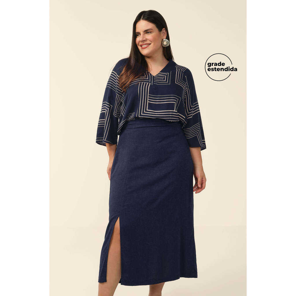 Saia Feminina Midi Fenda Lateral Marialícia Azul