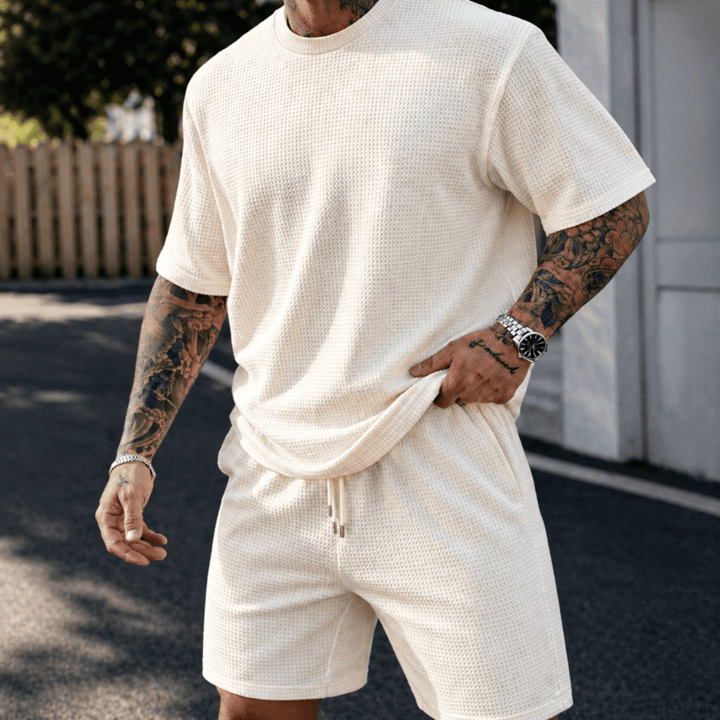 Conjunto Masculino Camiseta e Bermuda Texturizado Lançamento 2026 Estiloso Básico e Casual
