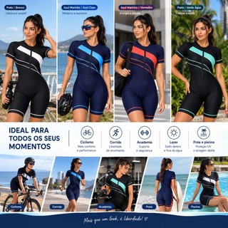 Macaquinho de Natação Feminino UV FPS 50+ com Bojo Zíper Frontal Forrado para Hidroginástica e Piscina