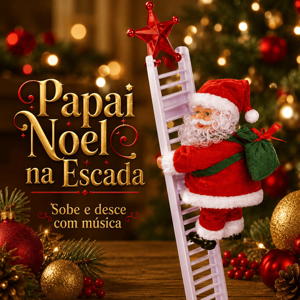 Papai Noel Musical na Escada Sobe e Desce 65cm Enfeite de Natal Decoração Natalina