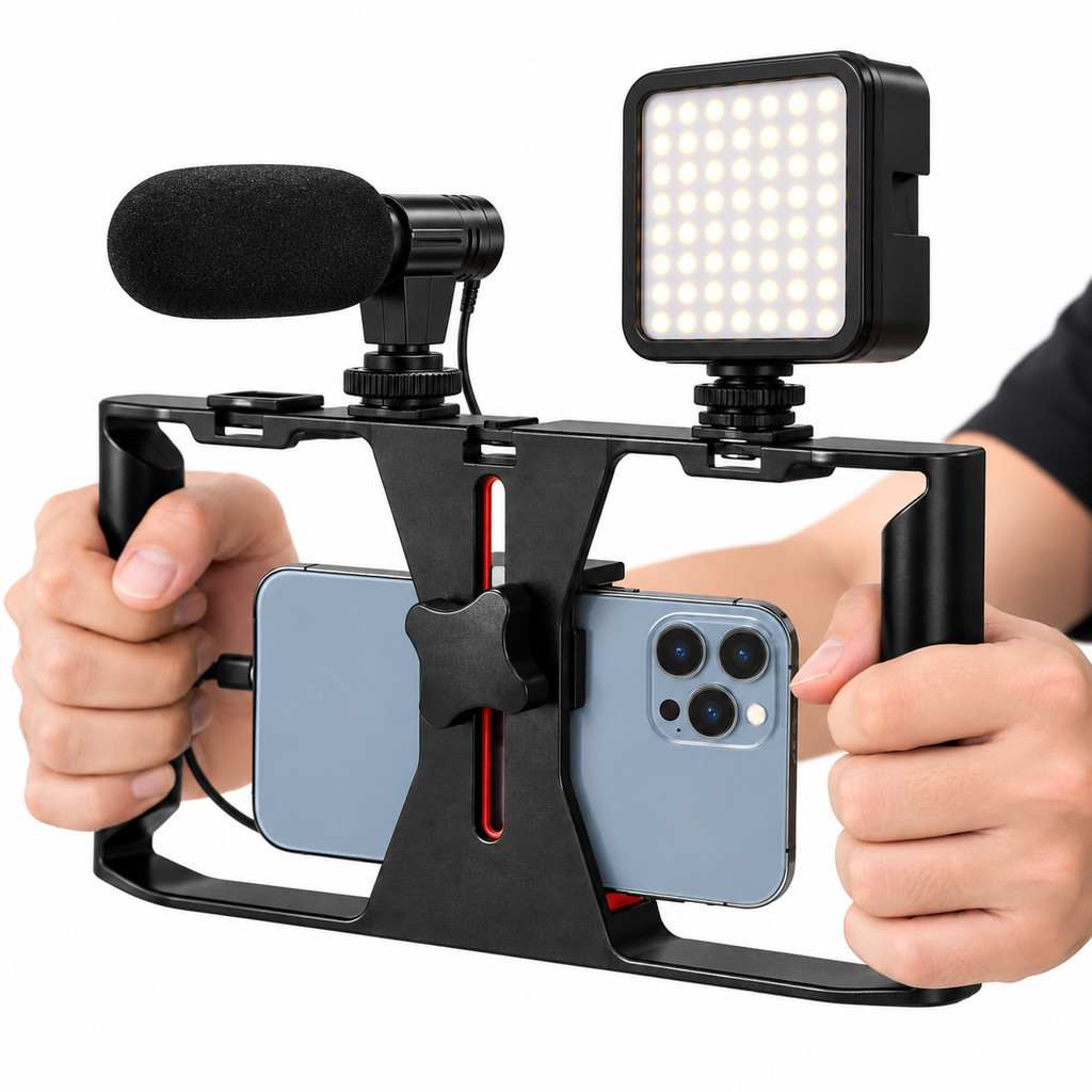 Kit Suporte Estabilizador Para Celular Com Microfone E Luz LED Cage Para Vlog Gravação Vídeos Lives