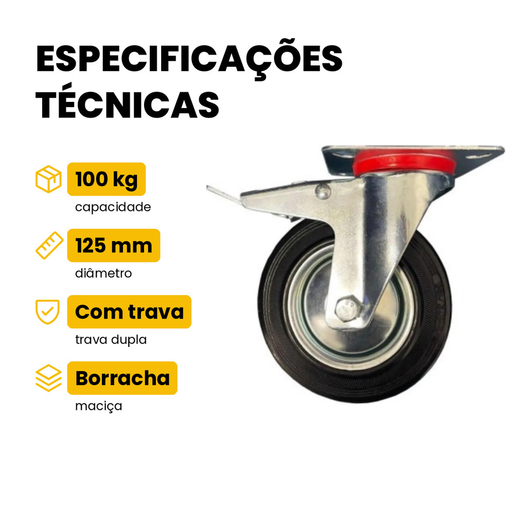 Rodízio Giratório De Borracha 125mm 5pol Com Trava 100kg JST Para Carrinhos · foto 2