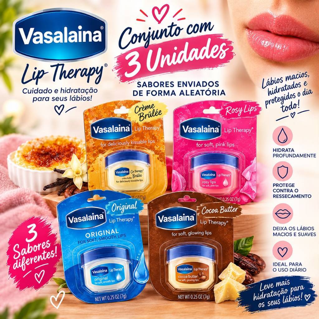 Kit 3 Unidades Vaseline / Lip Balm Protetor e Hidratante Labial Lip Balm Lips Therapy