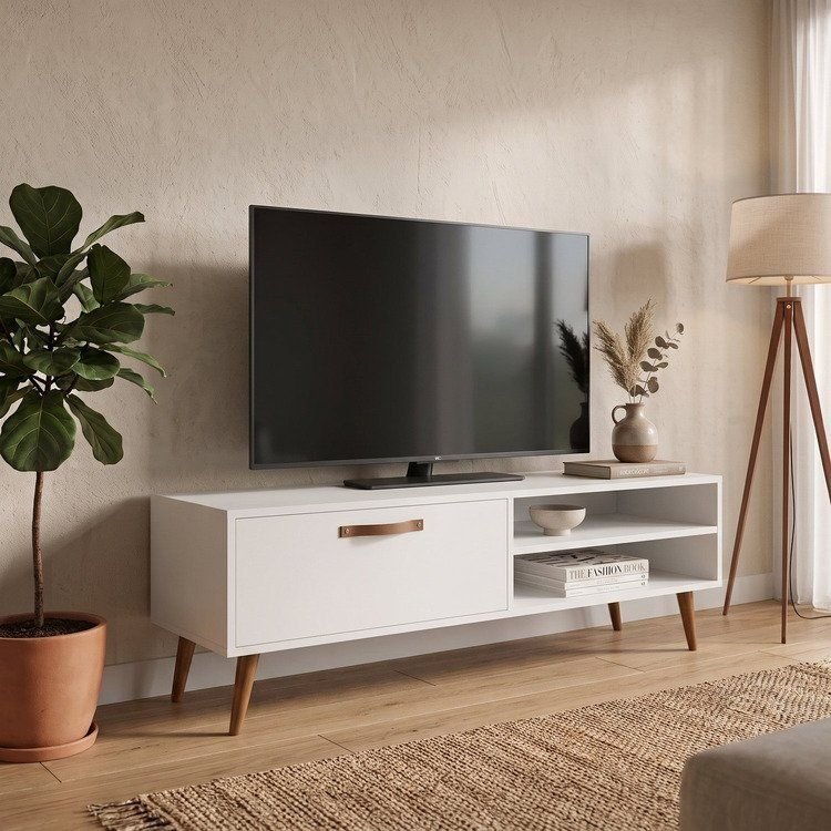 Rack Retrô para TV até 50 Polegadas 125cm Palito Miami Branco Branco