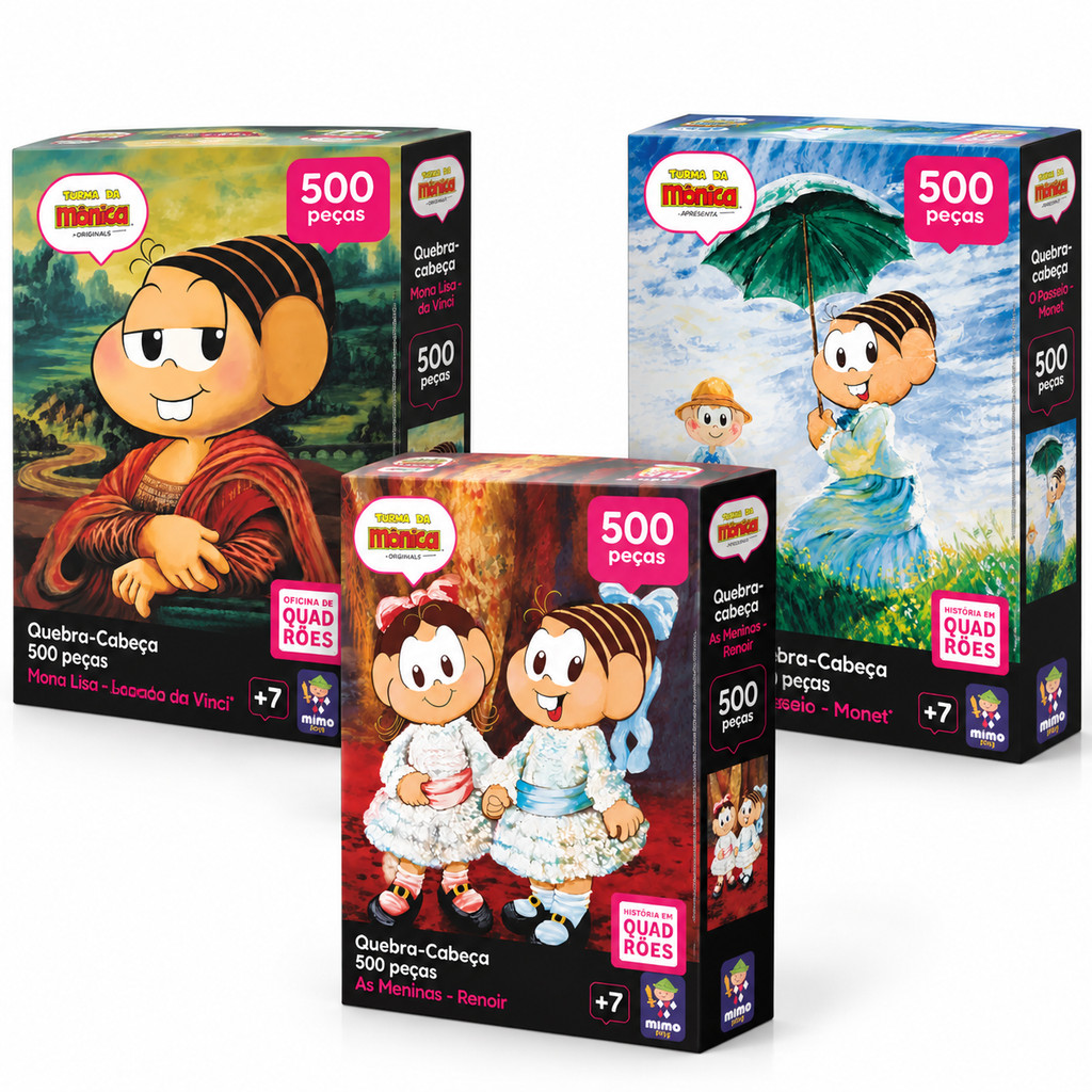 COMP Kit Quebra-cabeças Turma da Mônica 500 Peças O Passeio Monet + As Meninas Renoir + Mona Lisa