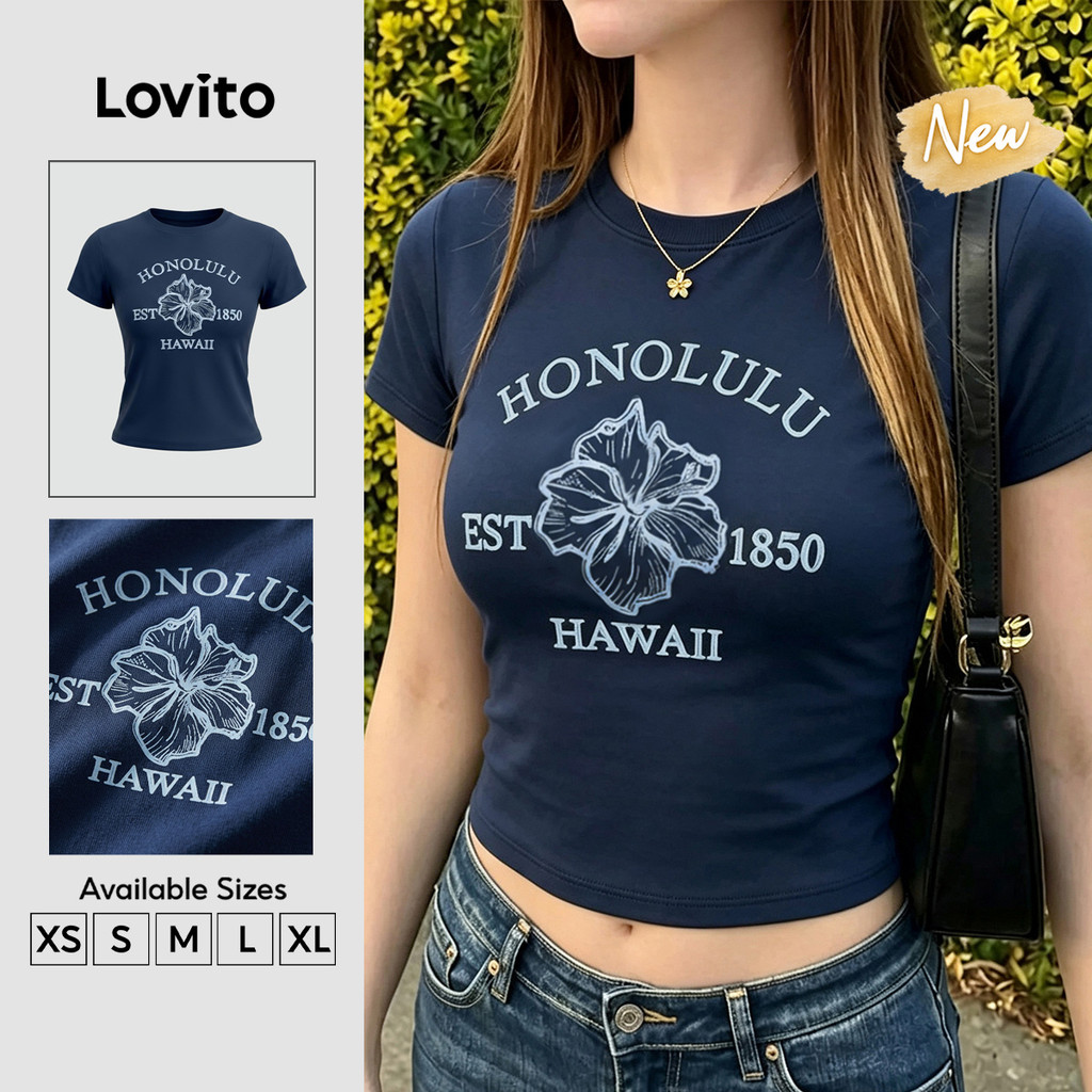 (New Arrival) Lovito Camiseta Casual Azul Marinho para Mulheres TSK9P1D239