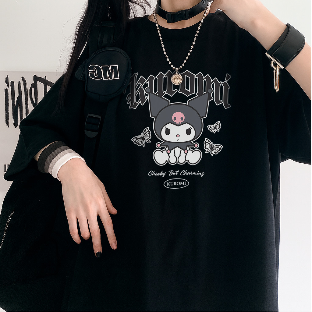 [Camiseta Premium em Algodão Puro]BOW Camiseta Oversized Blusa Feminina Tshirt 100% Algodão Estampada Kuromi Butterfly