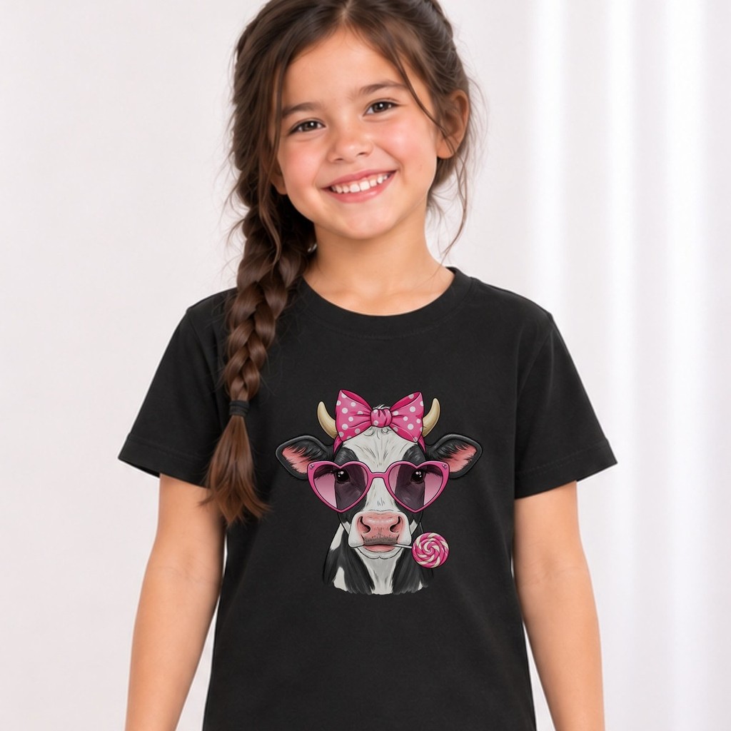 Camiseta Divertida Vaca Óculos Laço Infantil Menina Estampada 100% Algodão Fim de Semana Presente Rolê Dia a Dia