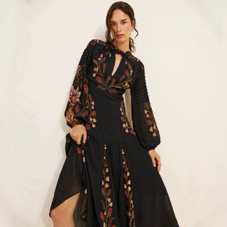 Retro Floral impressão vestido de manga comprida feminino rendas cintura estreita lanterna manga atmosfera saia longa 9.