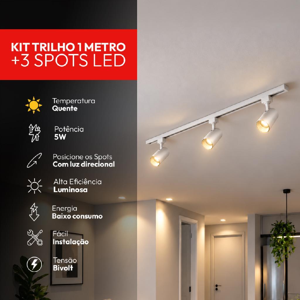 Kit 1m Trilho + 3 Spot Led Direcional Evo 5w 3000k Branco Quente 350lm Branco Cod: AVANT-KC-00043 Avant