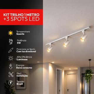 Kit 1m Trilho + 3 Spot Led Direcional Evo 5w 3000k Branco Quente 350lm Branco Cod: AVANT-KC-00043 Avant