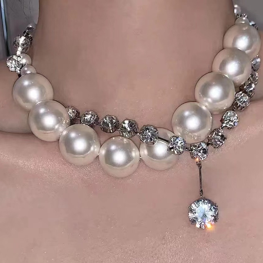 2026 novo estilo exagerado grande colar de pérolas feminino cheio de diamante dupla camada colar grande pérola costura c