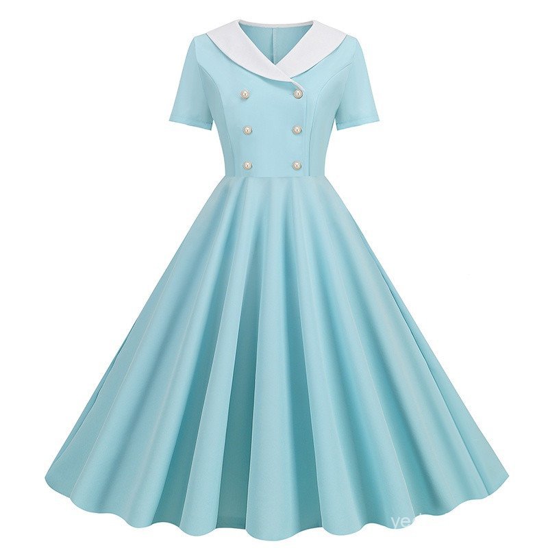 Vestido feminino de verão, elegante, com decote Peter Pan, manga curta e corte em A, estilo vintage, ideal para festas, 