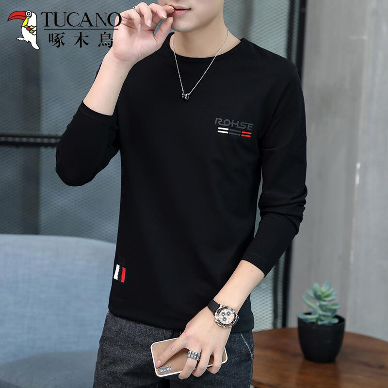 Woodpecker camiseta de manga comprida masculina topo primavera outono na moda puro algodão camiseta Casual outono invern