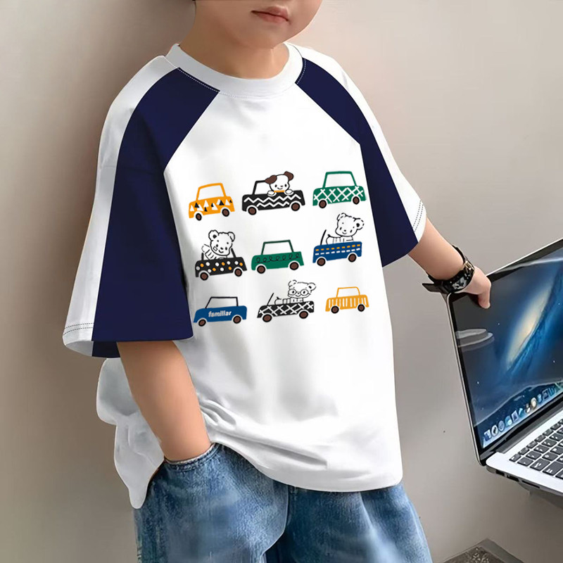 100% algodão meninos cor-bloqueando em torno do pescoço de manga curta camiseta 2026 verão médio grande crianças bebê An