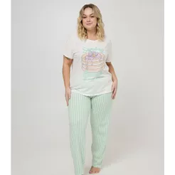 Pijama Longo Plus Feminino Meia Malha Evanilda Verde