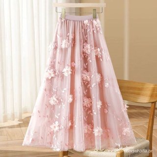 Saia de tule com padrão floral tridimensional, elegante, ideal para o verão.