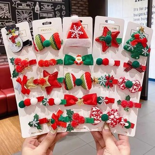 Novo conjunto de cinco peças de Natal estilo coreano: presilhas de cabelo com laço, boneco de neve, árvore de Natal e pr