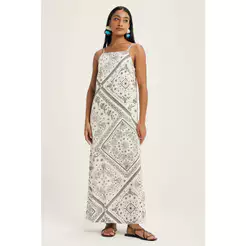 Vestido Feminino Midi Longo Estampado Marialícia Bege