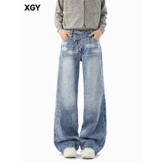 Estilo americano lavado cintura Diagonal Jeans masculino Design Irregular calças de perna larga Street Wear cleanfit cal