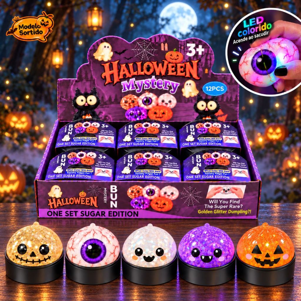 Squishy Halloween Mystery Dumpling com Led e Glitter - Antiestresse - Surpresa - 1 unidade - Rizzo