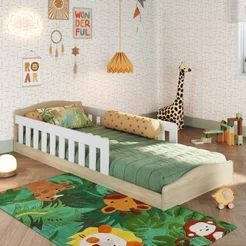 Cama de Chão Montessoriana de Solteiro Linha Encanto Branco/Carvalho Araguaia Branco