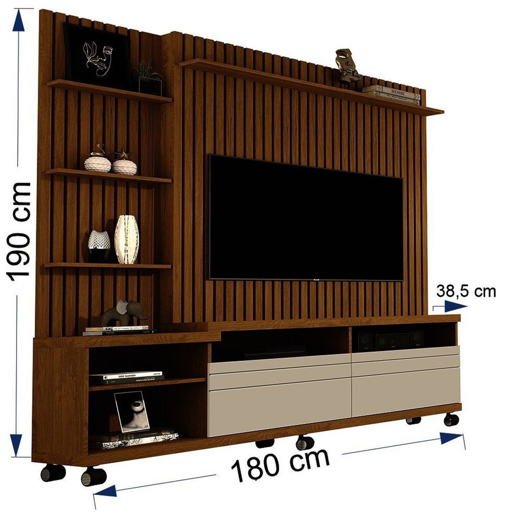 Estante e Home Theater Ripado para TV até 60 Polegadas MDF 180cmx190cm Rodízios Nobre Marrom Nature/Off White · foto 2