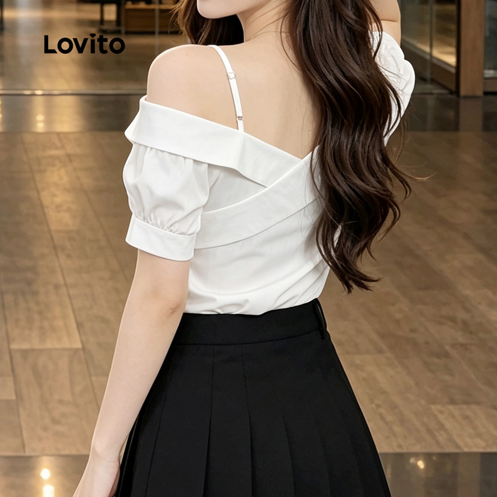(Casual) Lovito Blusa Verão Ombro Frio Blusa Assimétrica Para Mulheres L121MD367 · foto 2