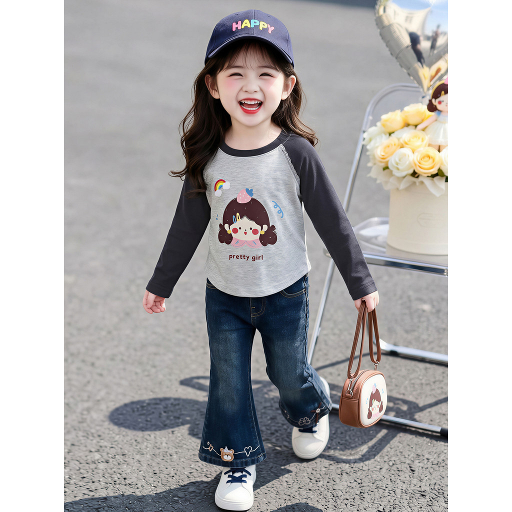 Meninas cor bloqueando puro algodão manga comprida camiseta primavera outono novo estilo médio grande crianças moda cami