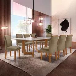 Conjunto Sala de Jantar Mesa 8 Cadeiras Tampo de Vidro Nápoles Cinamomo/Off White/Bege Escuro