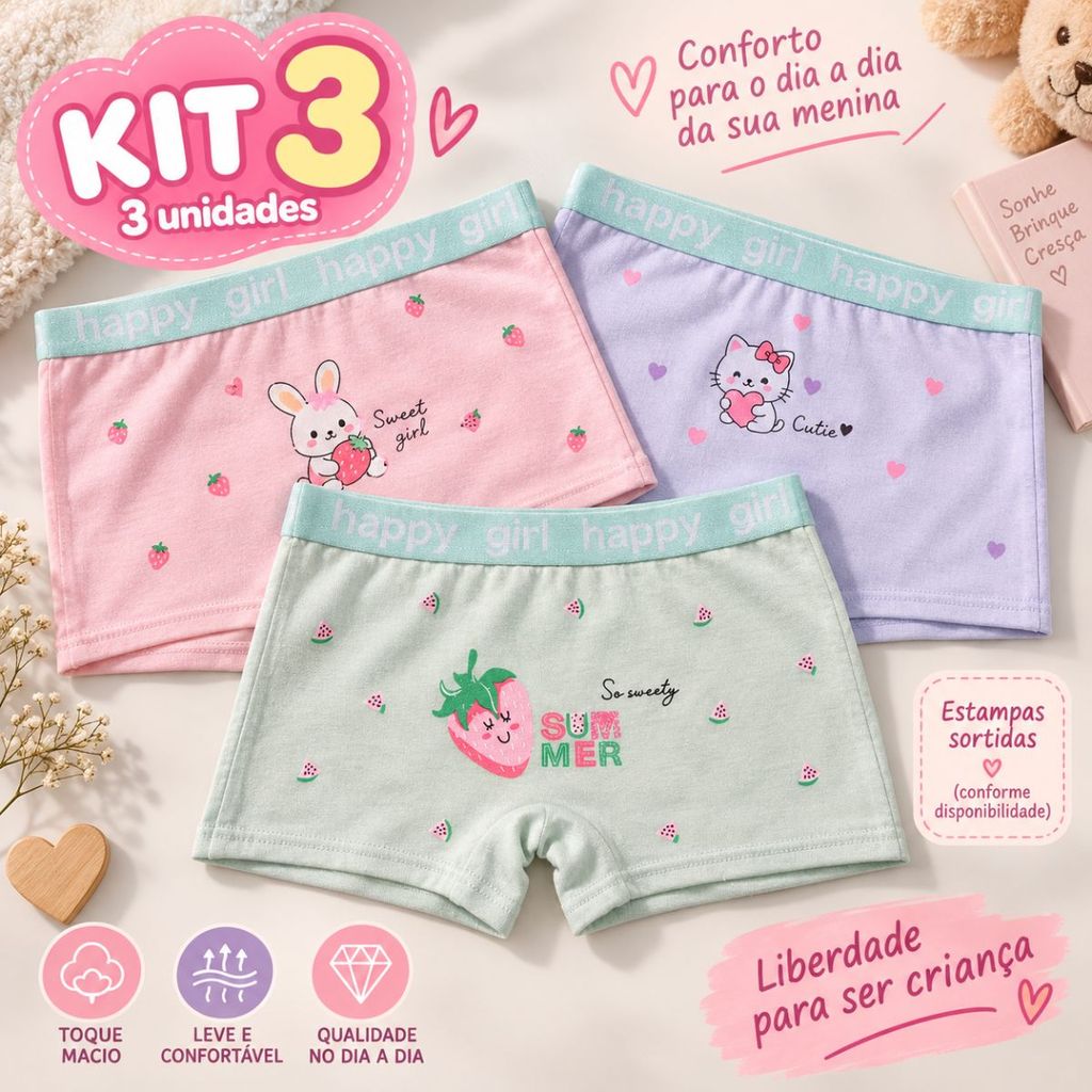 Kit 3 Calcinhas Boxer Infantis Para Meninas Shortinho Cós Largo Estampas Infantis Para o Dia a Dia