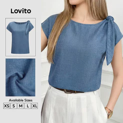 Lovito Elegante Blusa Manga Curta Gola Redonda Azul Amarração Franzido Primavera Verão Trabalho Para Mulheres BLB202P2D740