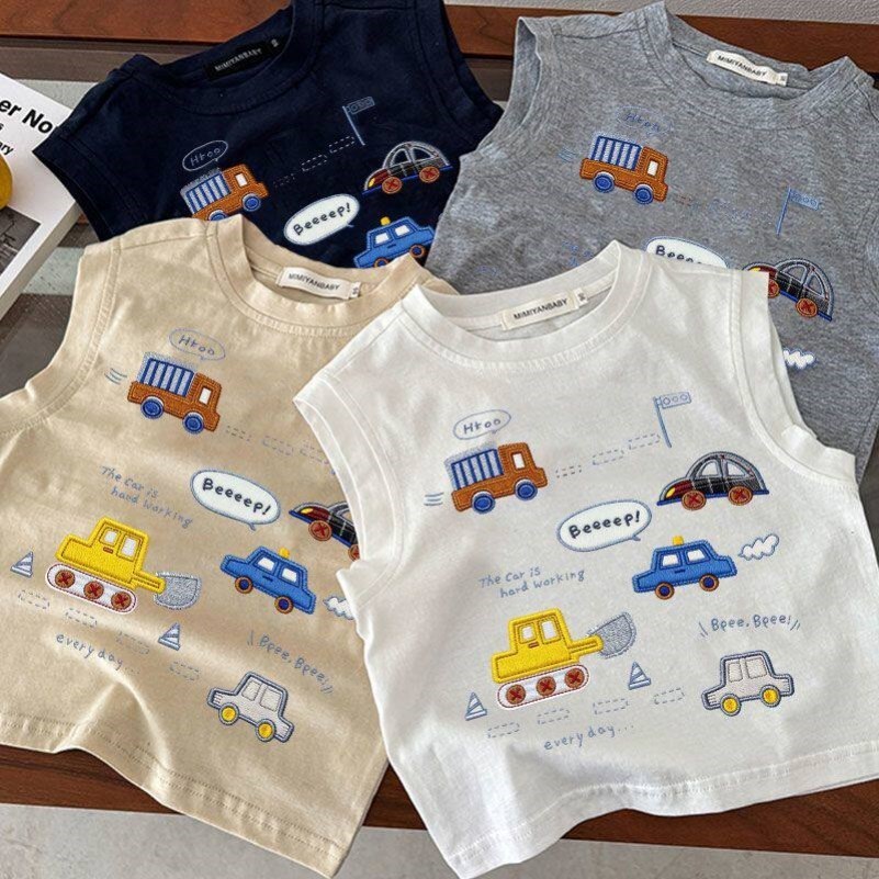 Nova moda crianças puro algodão colete exterior Wear t dos desenhos animados carro impressão bebê camiseta crianças verã