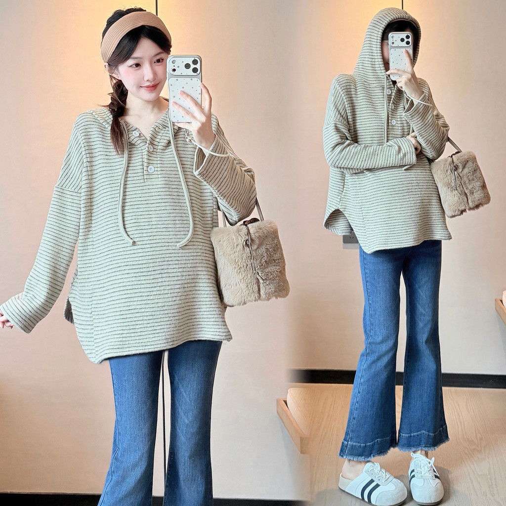 Roupas de maternidade outono inverno roupas de manga comprida listrado moletom com capuz 2026 novo estilo maternidade to