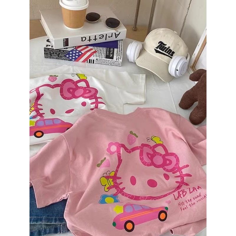 Crianças puro algodão de manga curta bebê menina bonito HelloKitty versão coreana verão Street Wear camiseta 2025 menina