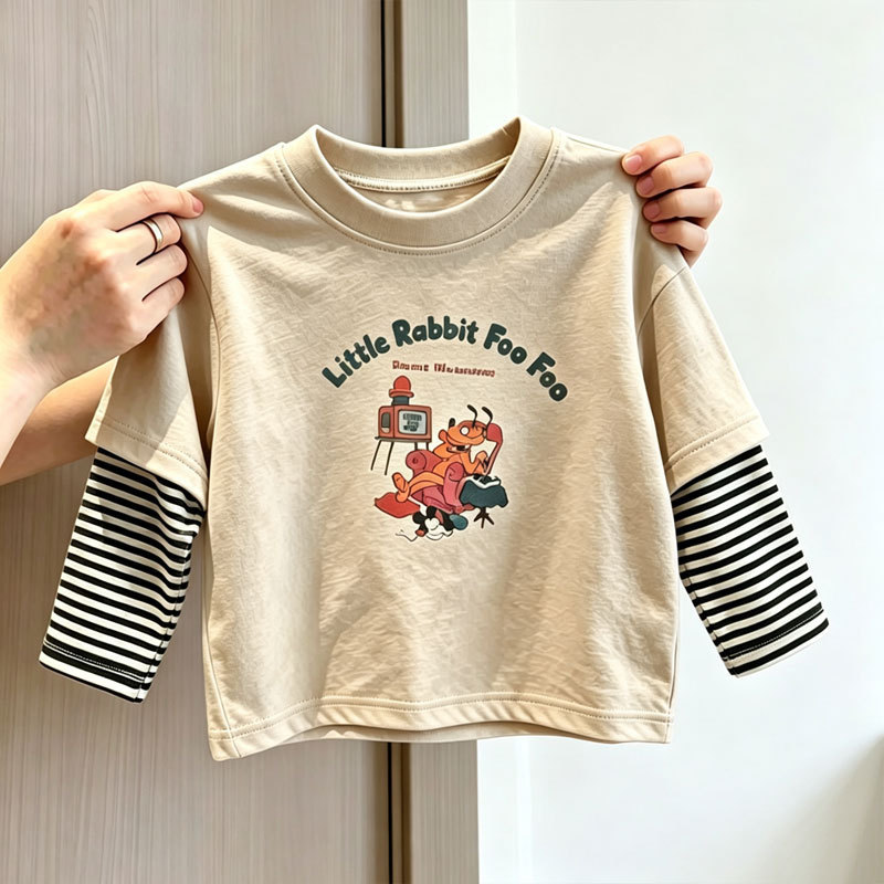 Camiseta de manga comprida de algodão puro menino bebê primavera outono novo estilo médio pequeno crianças versão corean