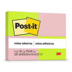 Bloco de notas adesivas Post-it 2 cores Neon 4 blocos de 38x50mm 100 folhas 3M
