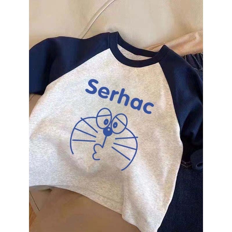 100% algodão meninos cor-bloqueio em torno do pescoço de manga comprida camiseta primavera outono médio pequeno crianças