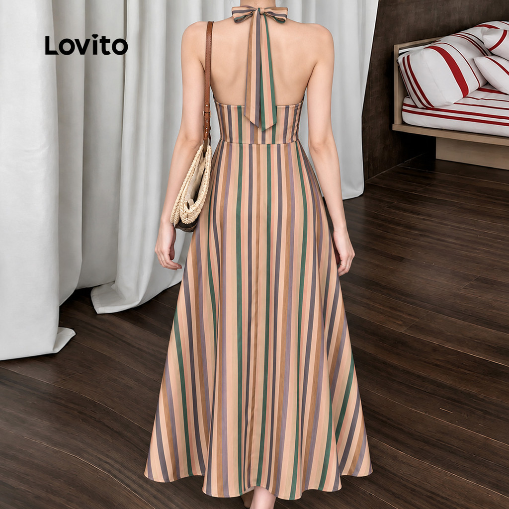 Lovito Vestido Feminino Caqui Casual Listrado Geométrico Modelo Longo A Primavera Verão Fim de Semana DRK10P1D1130 — imagem 2 de 2