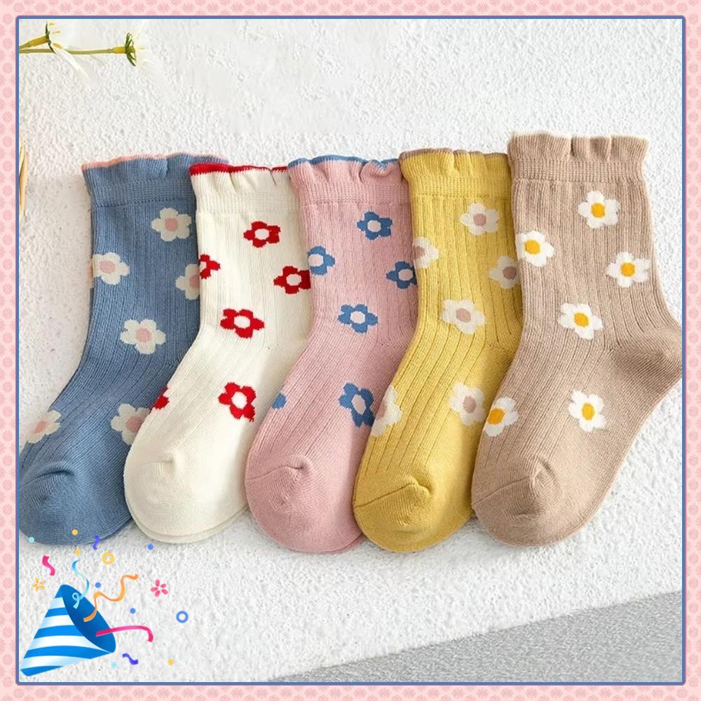 5 Pares De Meias Infantis , Pacote De Florais De Algodão Macio E Respirável Para Meninas , Com Babados Na Altura Da Trip